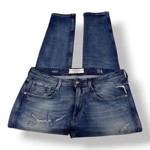 Replay Anbass Slim Fit Broken Edge Distressed Blue Jeans Mens 34x30 M914.000.647